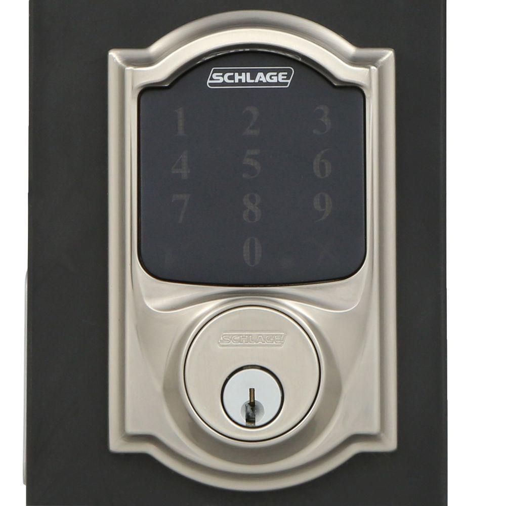 Camelot Satin Nickel Connect Z-Wave Plus Smart Deadbolt and Camelot Handleset with Accent Lever with Camelot Trim
