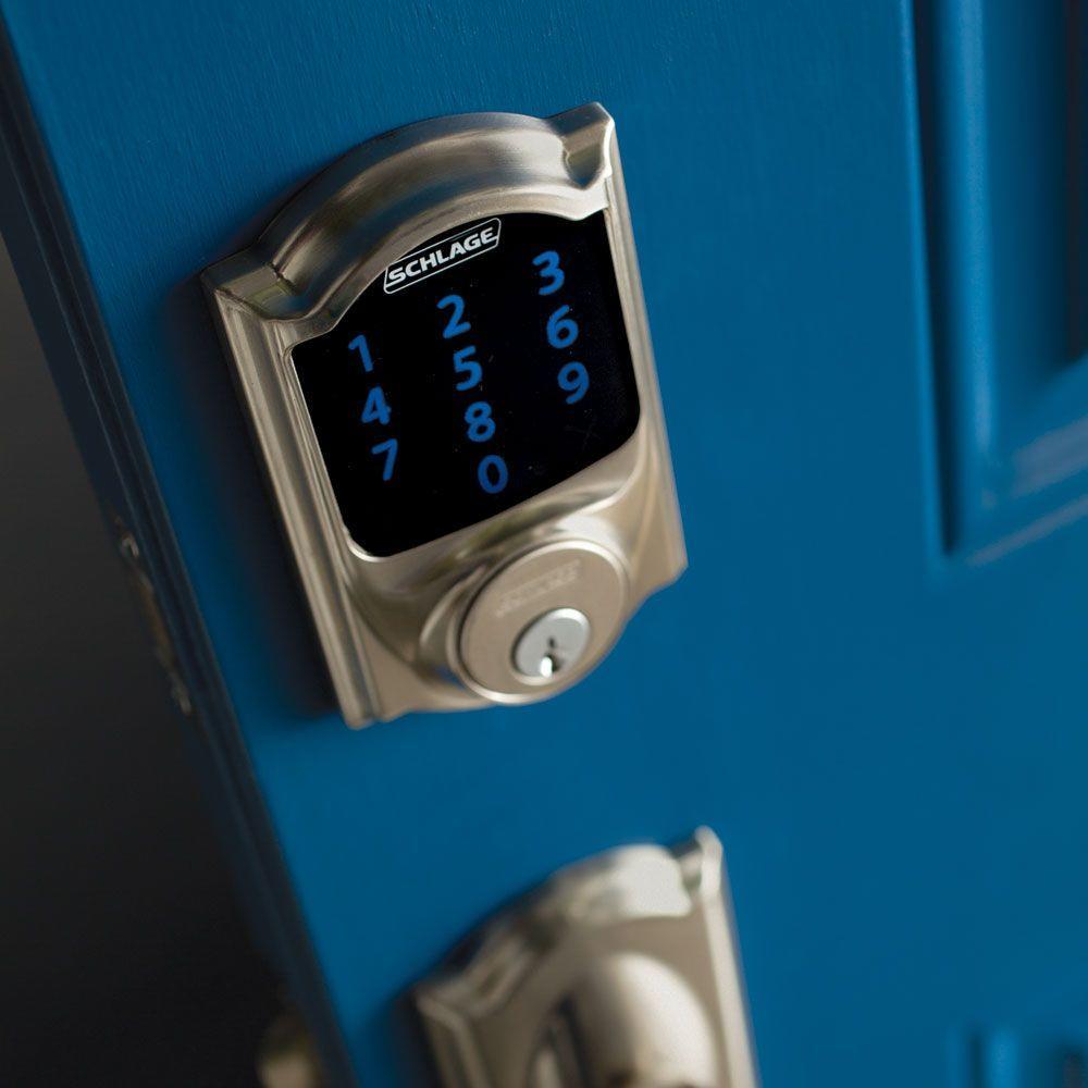 Camelot Satin Nickel Connect Z-Wave Plus Smart Deadbolt and Camelot Handleset with Accent Lever with Camelot Trim