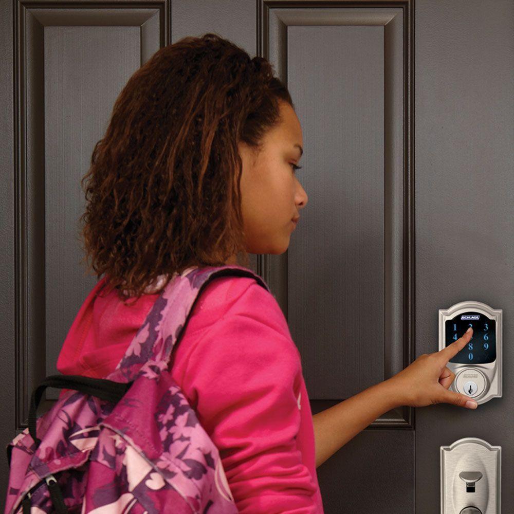 Camelot Satin Nickel Connect Z-Wave Plus Smart Deadbolt and Camelot Handleset with Accent Lever with Camelot Trim