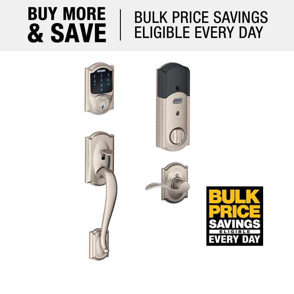 Camelot Satin Nickel Connect Z-Wave Plus Smart Deadbolt and Camelot Handleset with Accent Lever with Camelot Trim