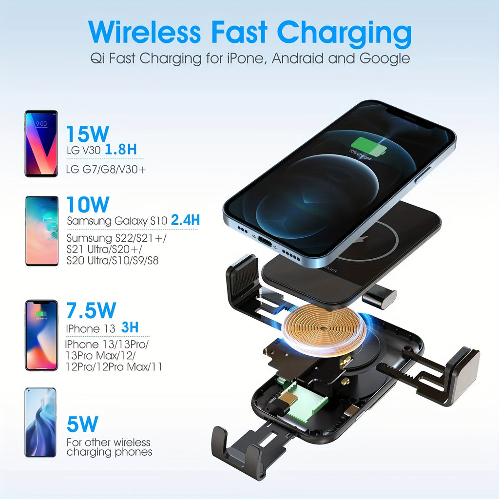 Wireless Car Charger, 15W Qi Fast Charging Auto Clamping Car Charger Phone Mount, Dashboard Air Vent Phone Holder, For  14/13/12/11/X, For Samsung For Galaxy S22+/S21/S10/Note 20