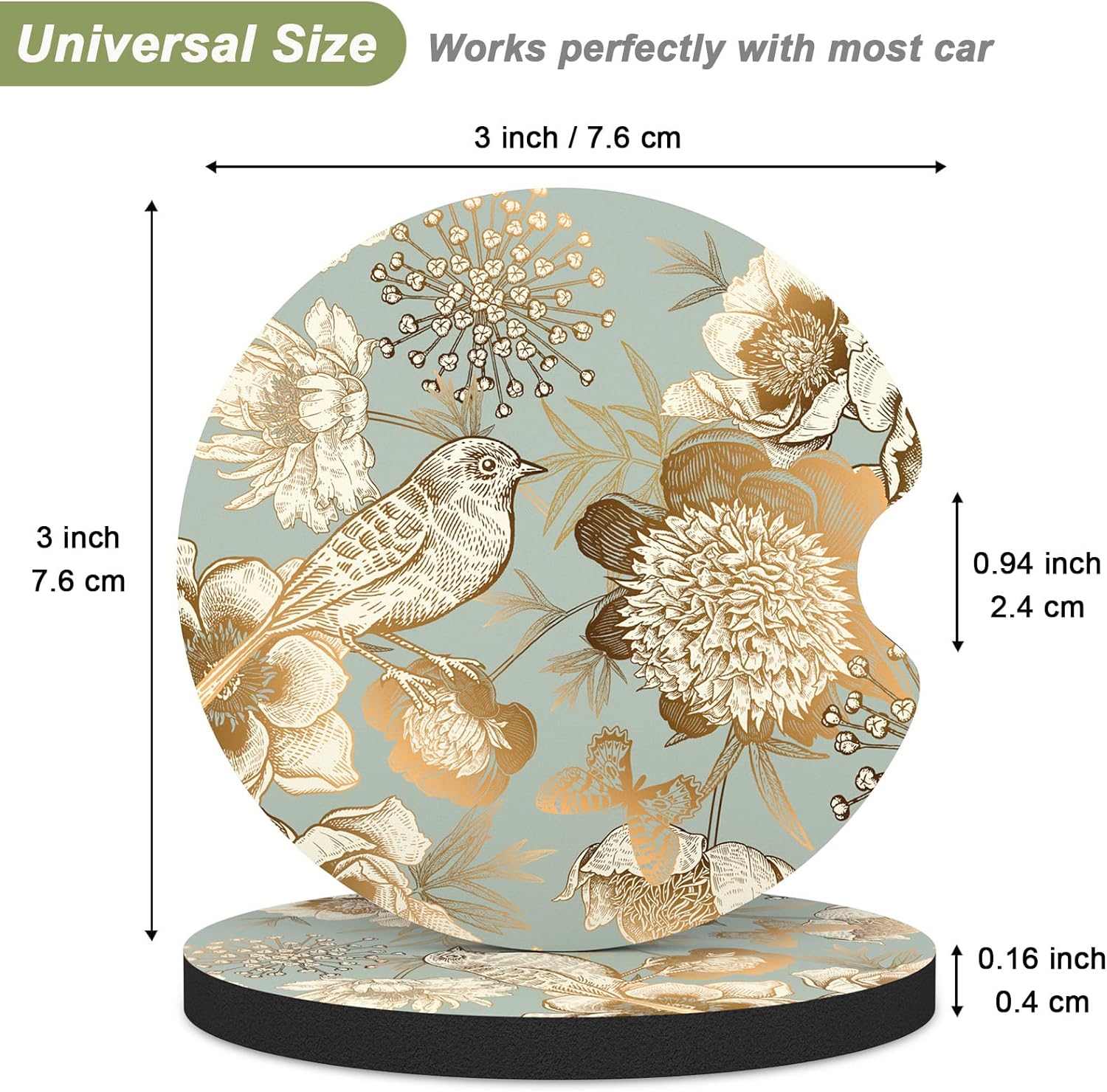 Nipichsha Car Cup Holder Coasters, Car Coasters for Cup Holders, 2 Pack Anti Slip Insert Coasters, Rubber Car Cup Mat with A Finger Notch, Cute Car Interior Accessories for Women Men(Birdsong Floral)