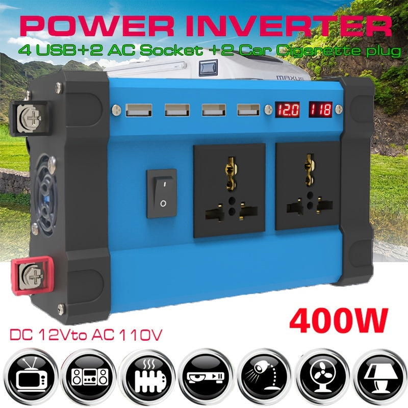 400W Power Inverter: DC 12V to AC 110V with 2 Universal Sockets, 4 USB Chargers &amp; LED Display