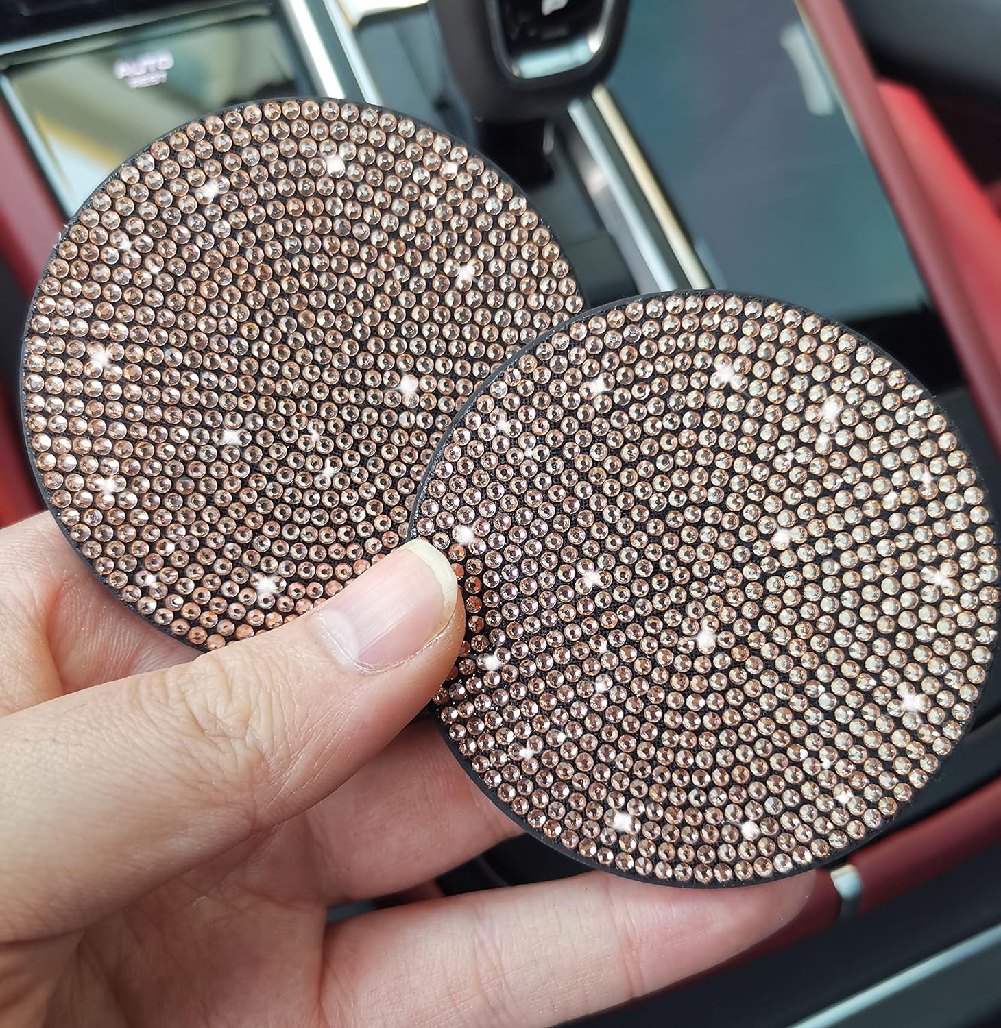 2pcs Bling Car Cup Holder Coaster, 2.75 inch Anti-Slip Shockproof Universal Fashion Vehicle Car Coasters Insert Bling Rhinestone Auto Automotive Interior Accessories for Women (2 pcs, Gold Champagne)