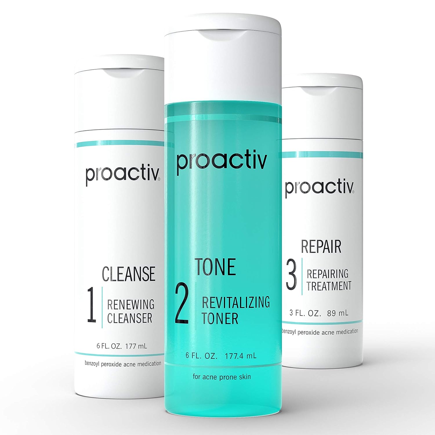 Proactiv 3 Step Acne Treatment - Benzoyl Peroxide Face Wash, Repairing Acne Spot Treatment for Face and Body, Exfoliating Toner - 90 Day Complete Acne Skin Care Kit