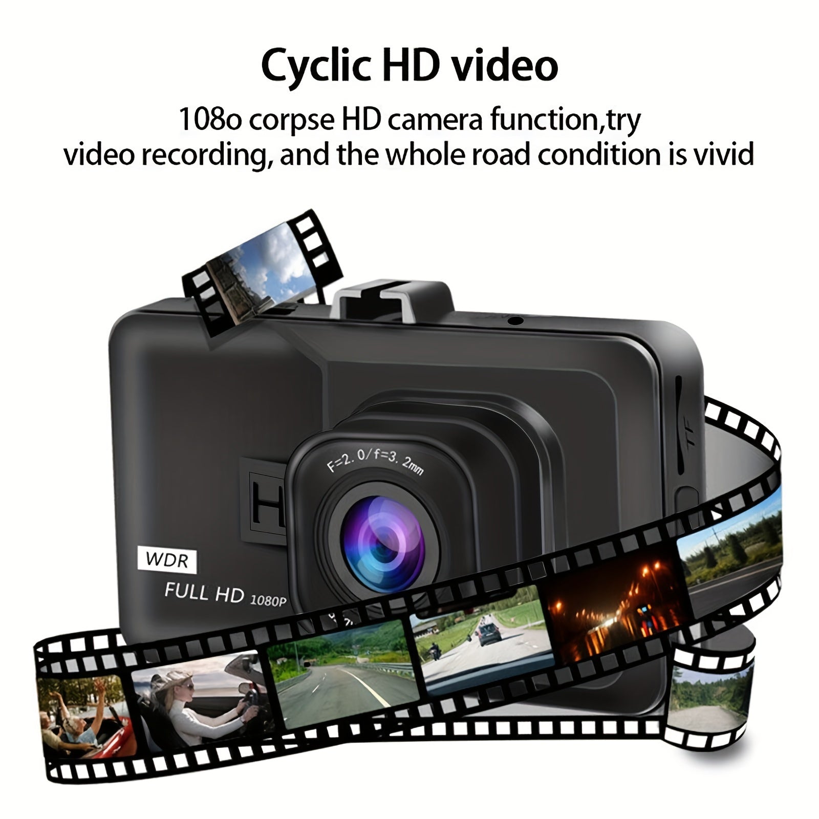 3 Inch HD 1080P Dash Cam With Suction Cup, Night Vision &amp; Cycle Recording