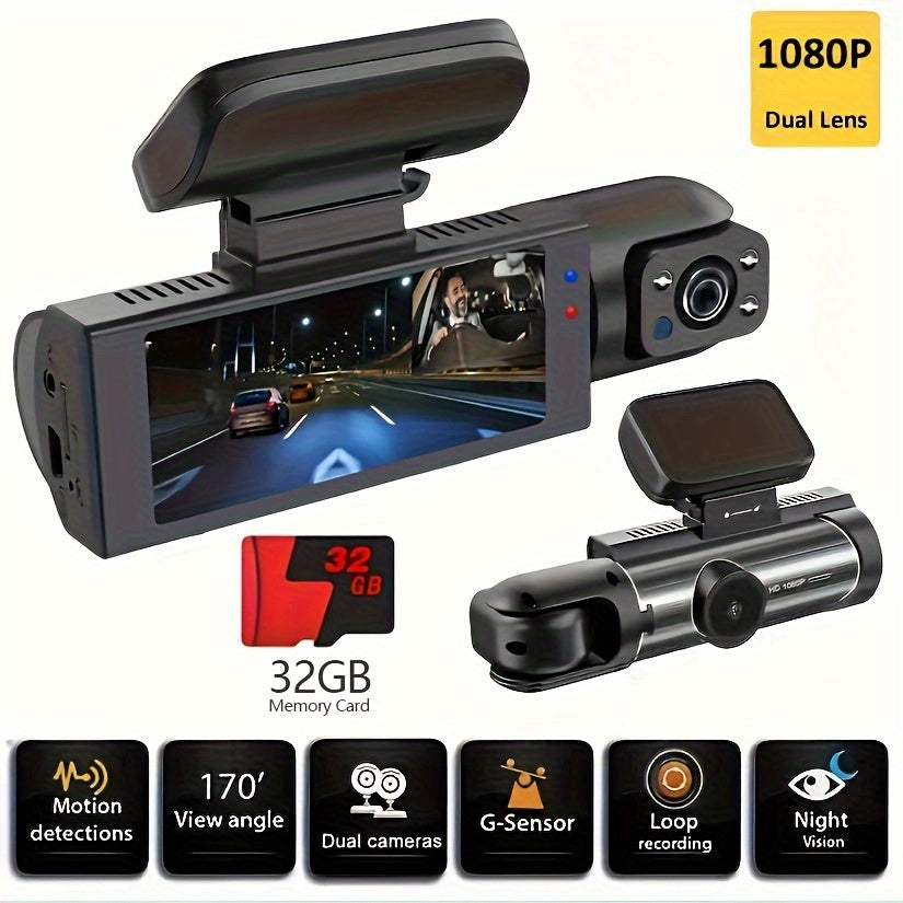Dash Camera Front And Inside With 32G SD Card, 3.16inch Dash Cam 1080P, G Sensor High Definition Night Vision Loop Recording Wide Angle Car DVR