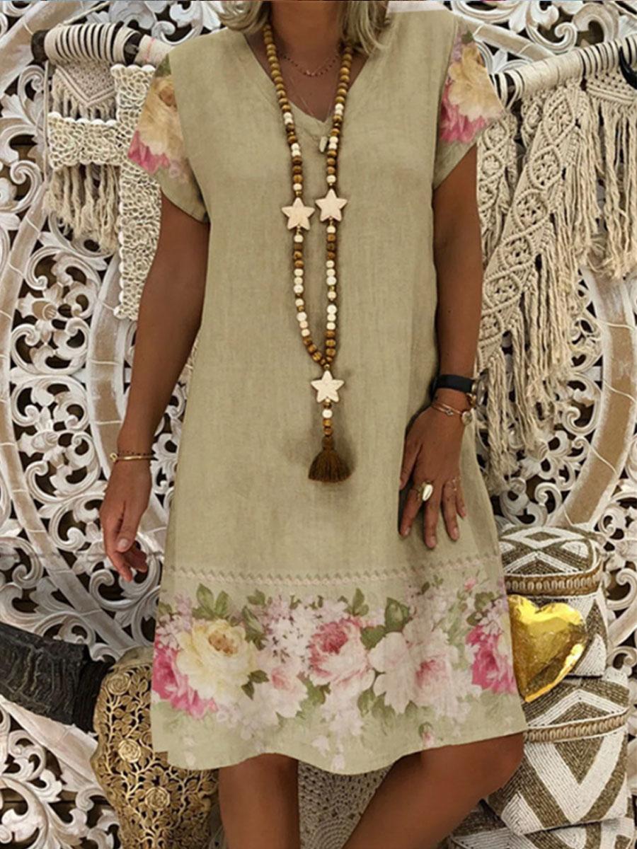 Floral Print Patchwork Cotton And Linen Shift Dress