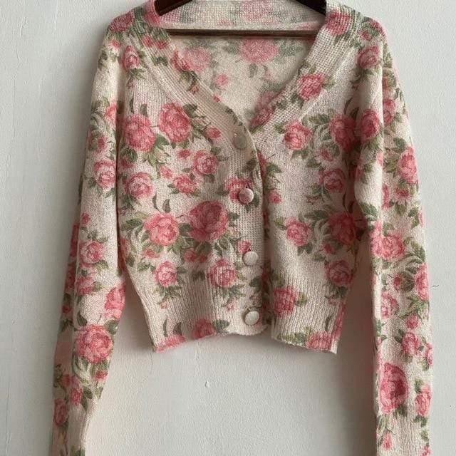 knitwear rose printed cardigan