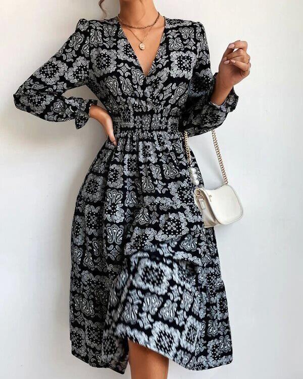 v-neck long-sleeved printed fashion dress