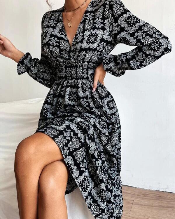 v-neck long-sleeved printed fashion dress