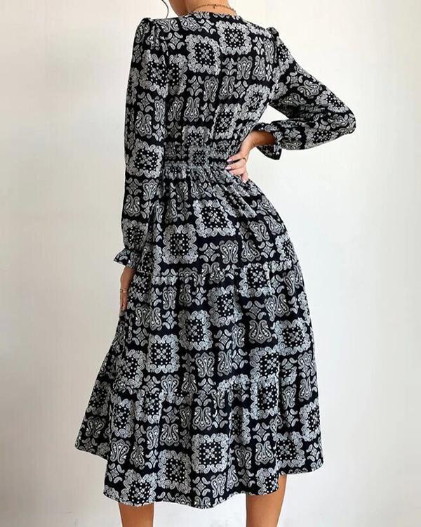 v-neck long-sleeved printed fashion dress