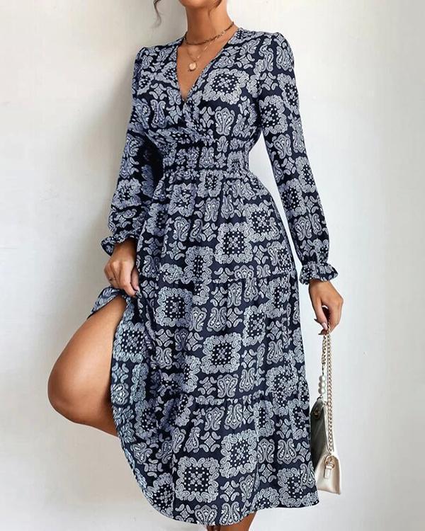 v-neck long-sleeved printed fashion dress