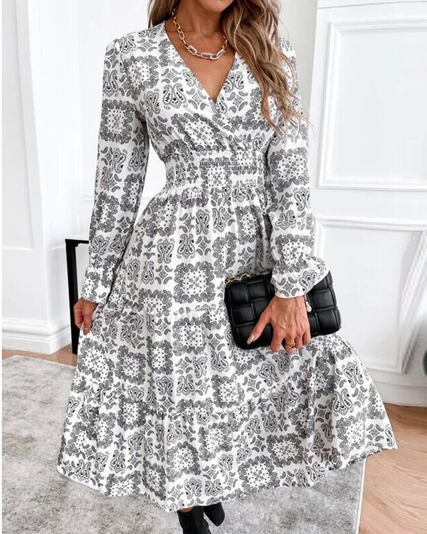 v-neck long-sleeved printed fashion dress