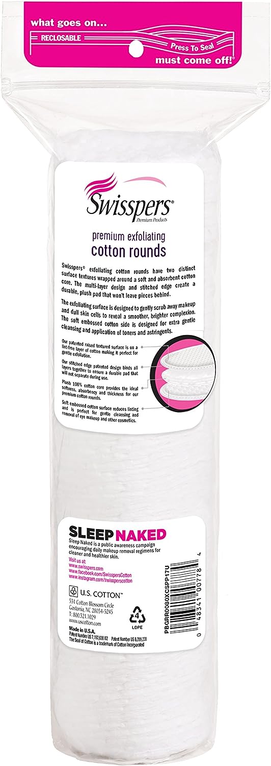 Swisspers Premium Exfoliating Rounds, 2 Distinct Raised Textured Surface, Cotton Facial Pads, 80 Count Re-closable Bag