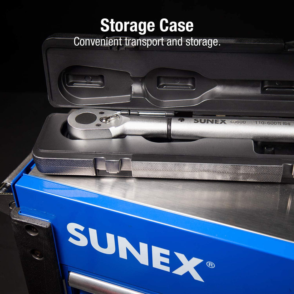 Sunex 40600, ¾" Drive, 48T Torque Wrench, 110 To 600'-Lb, 48 Tooth Ratcheting Mechanism, Accurate To 3% Clockwise &amp; 6% Counterclockwise, Audible Click, Heat Treated Tube, Aluminum Handle