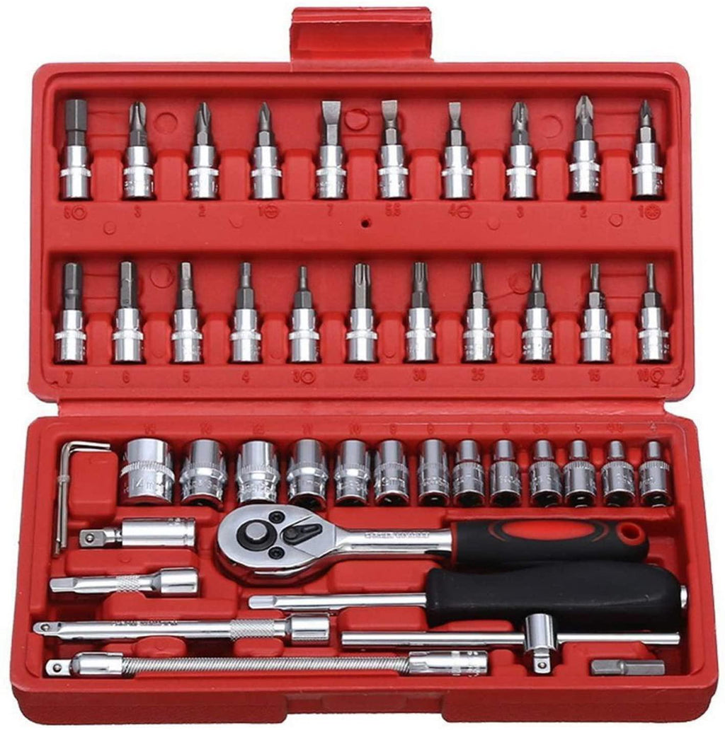 YUOP Hand Tools 46pcs Socket Ratchet Car Repair Tool Wrench Set Head Ratchet Pawl Socket Spanner Screwdriver Professional MetalworTool Kit (Color : Red)