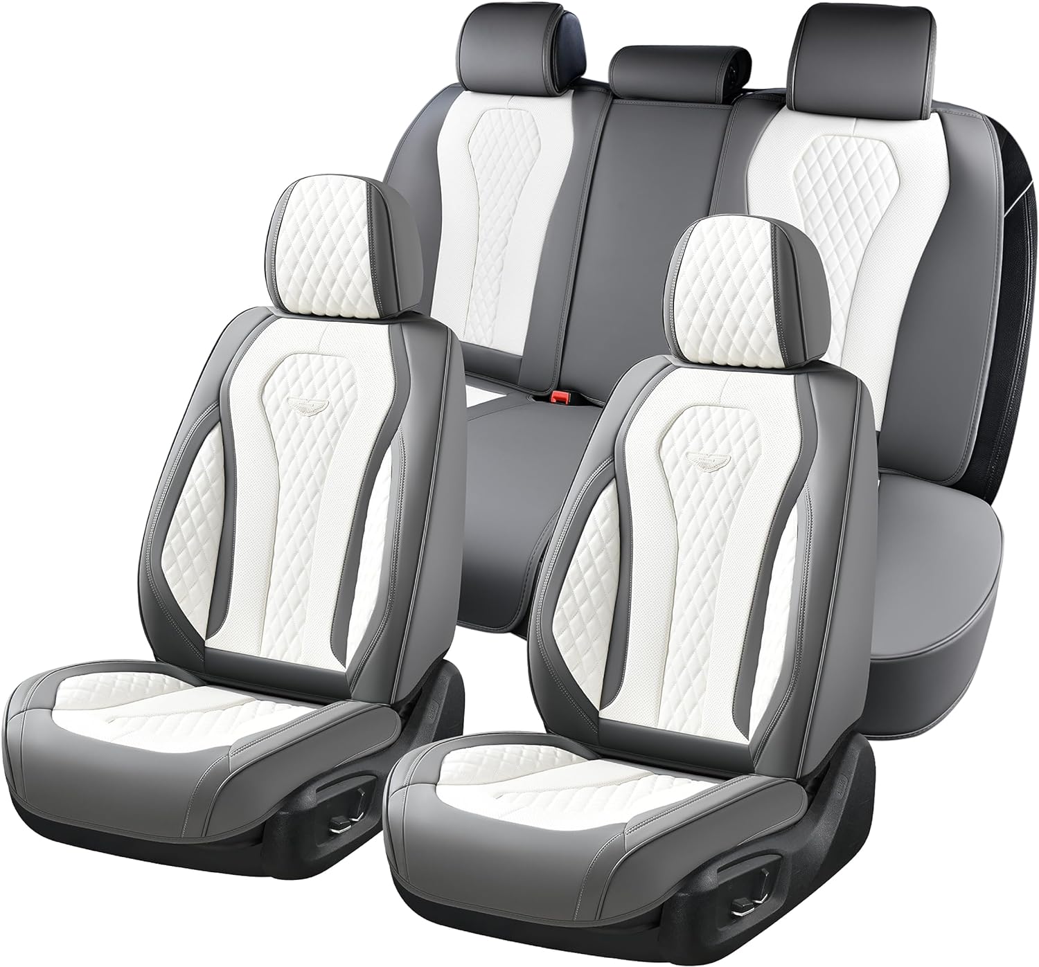 Coverado Leather Seat Covers Full Set, 5 Seats Universal Seat Covers for Cars, Waterproof Luxury Leatherette Seat Cushions, Front and Rear Seat Protectors, Seat Covers Fit for Most Vehicles Gray/White