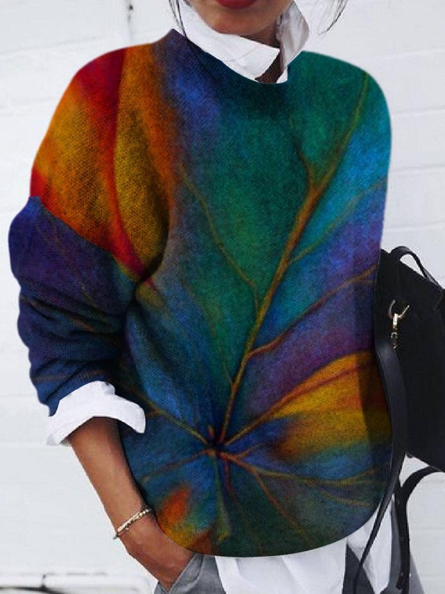 Round Neck Leaf Jacquard Casual Sweater Pullover