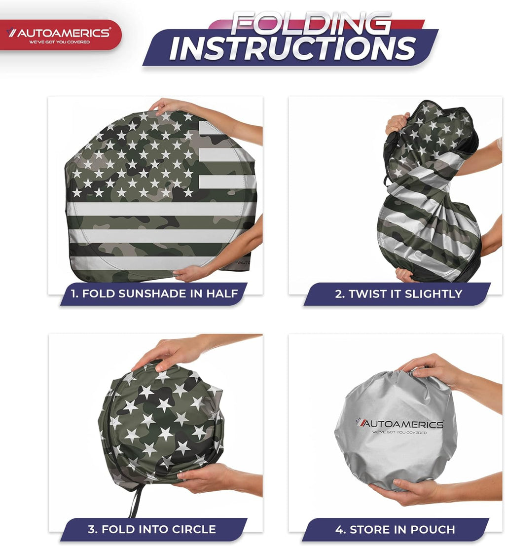 Autoamerics 1-Piece Windshield Sun Shade Green Camo American Flag USA  - Foldable Car Front Window Sunshade for Most Sedans SUV Truck - Blocks Max UV Rays and Keeps Your Vehicle Cool - Small