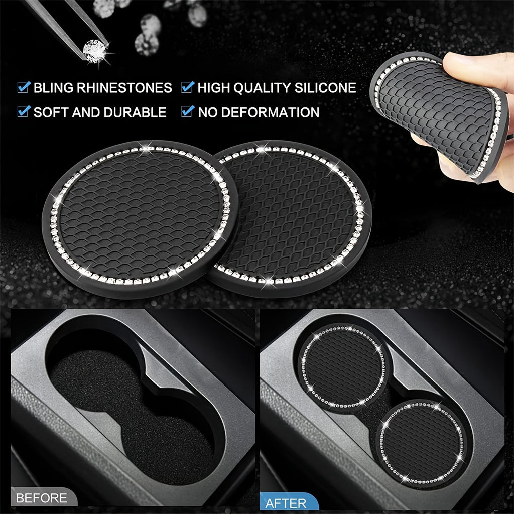 7Pcs/Set Car Decoration Kit, White Artificial Diamond Car Steering Wheel Cover, Center Console Cover Pad, Gear Shift Cover, Ignition Ring, Car Coaster