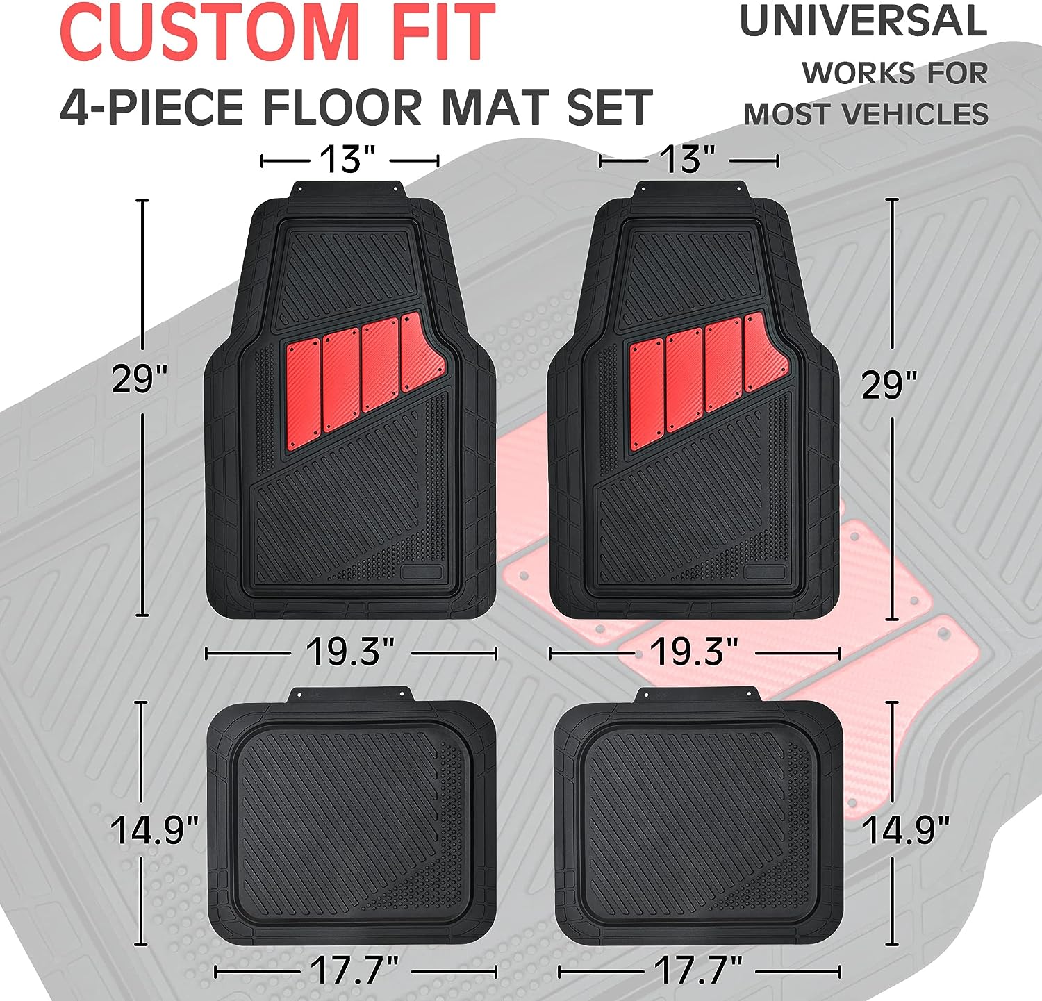CAR PASS Heavy Duty Rubber Floor Mats 4-Piece Car Mat Set - Universal Waterproof Carbon Fiber Floor Mats for Car SUV Truck, Durable All-Weather Mats(Black and Red)