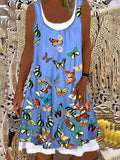 Round Neck Butterfly Print Stitching Shift Dress