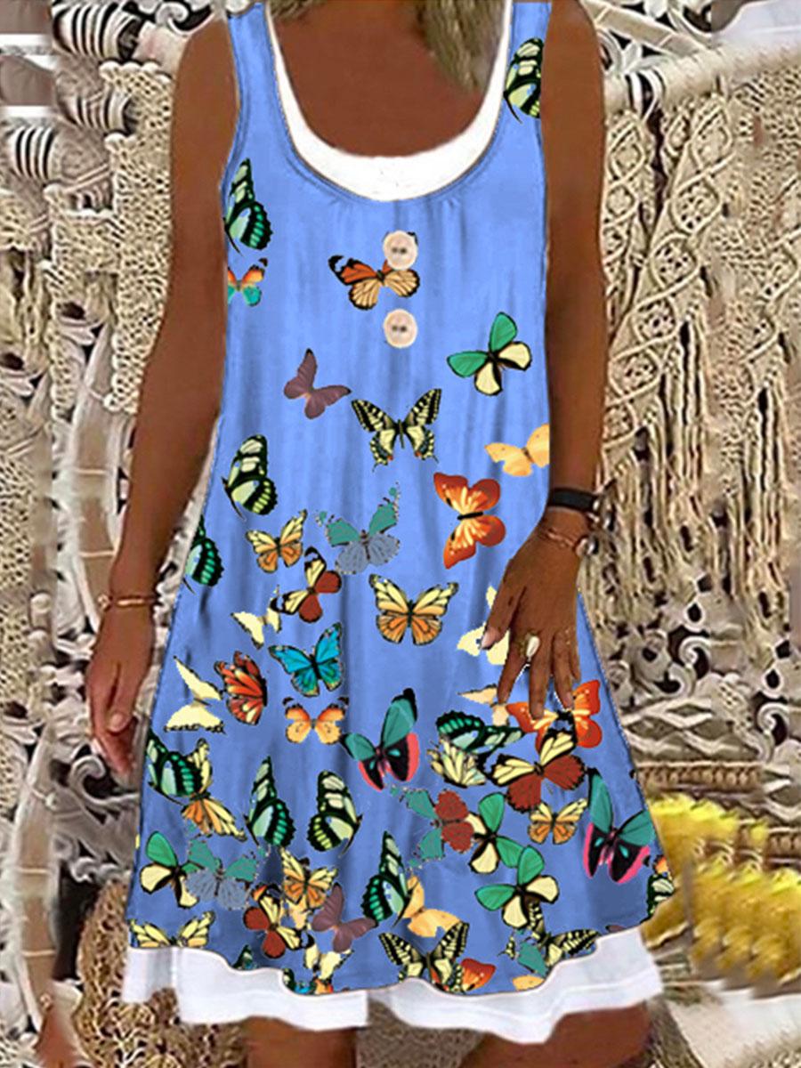 Round Neck Butterfly Print Stitching Shift Dress
