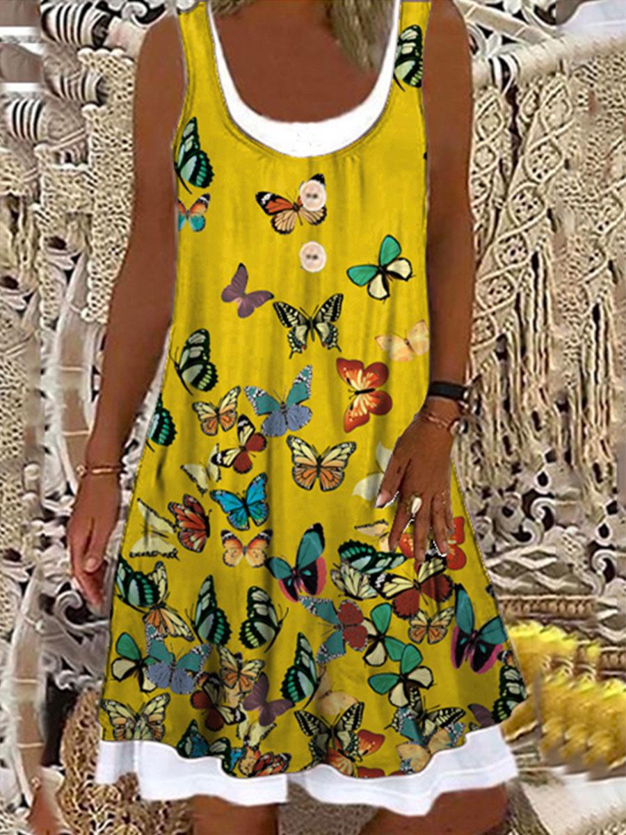 Round Neck Butterfly Print Stitching Shift Dress