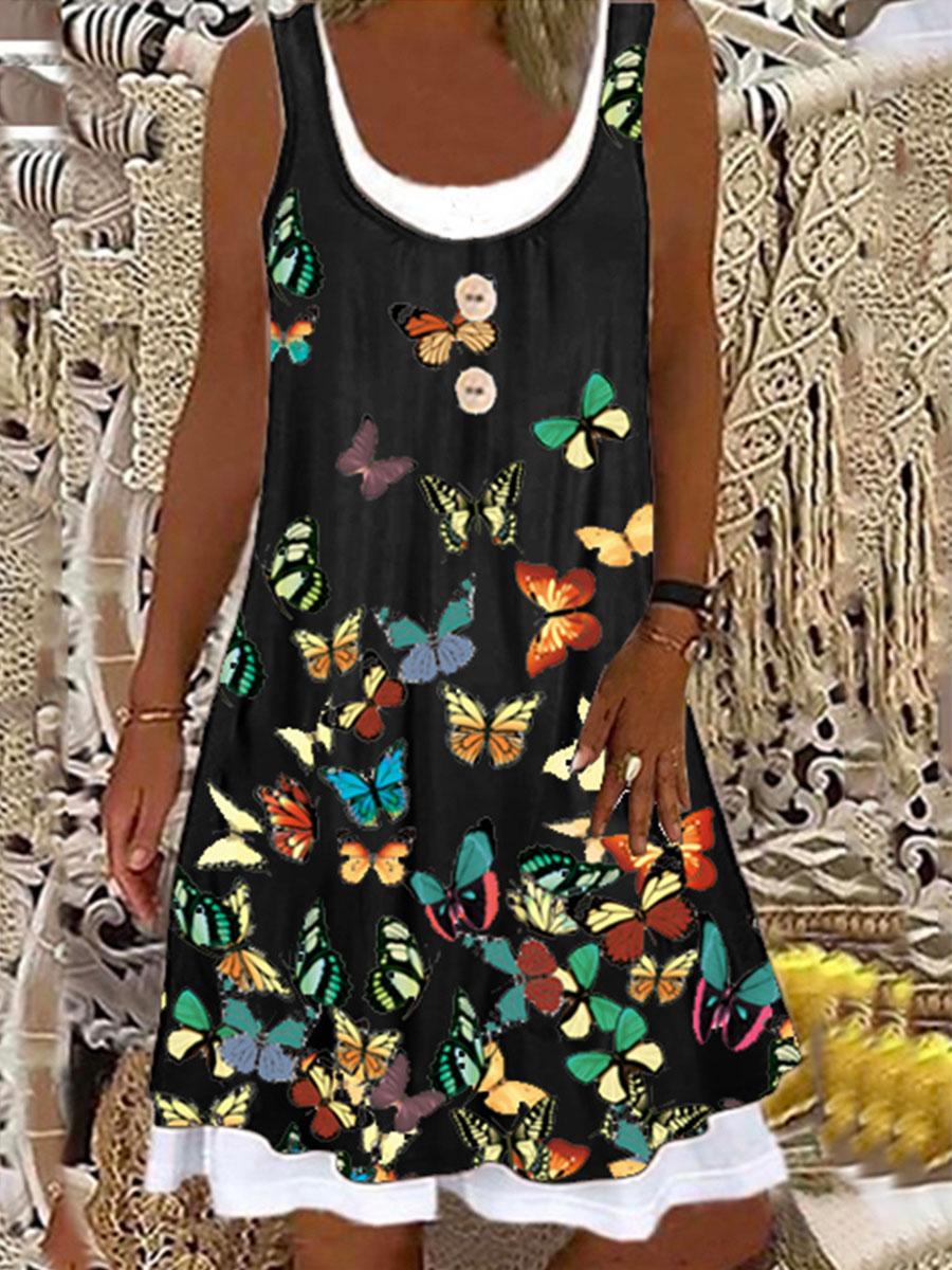 Round Neck Butterfly Print Stitching Shift Dress