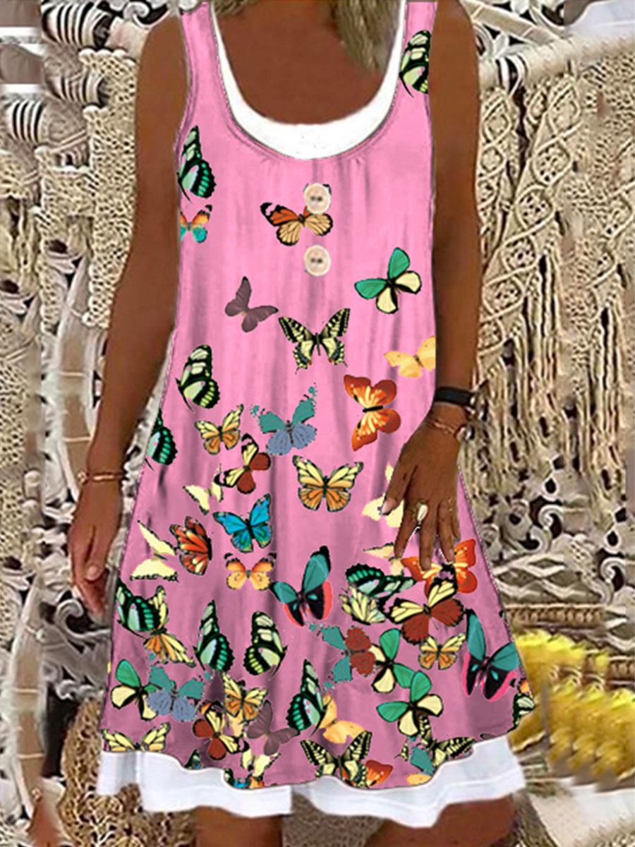 Round Neck Butterfly Print Stitching Shift Dress