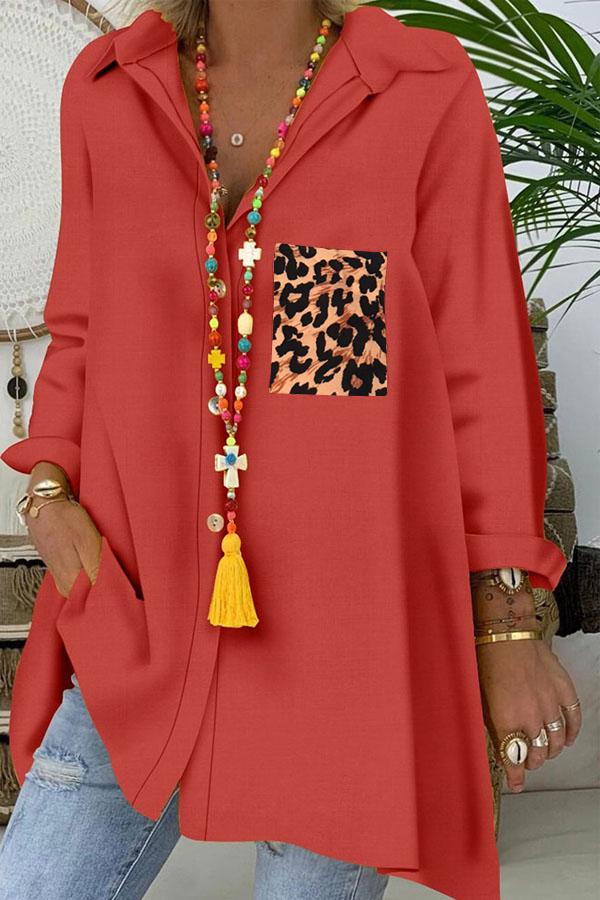 Casual Single-breasted Leopard Print Splicing Shirt