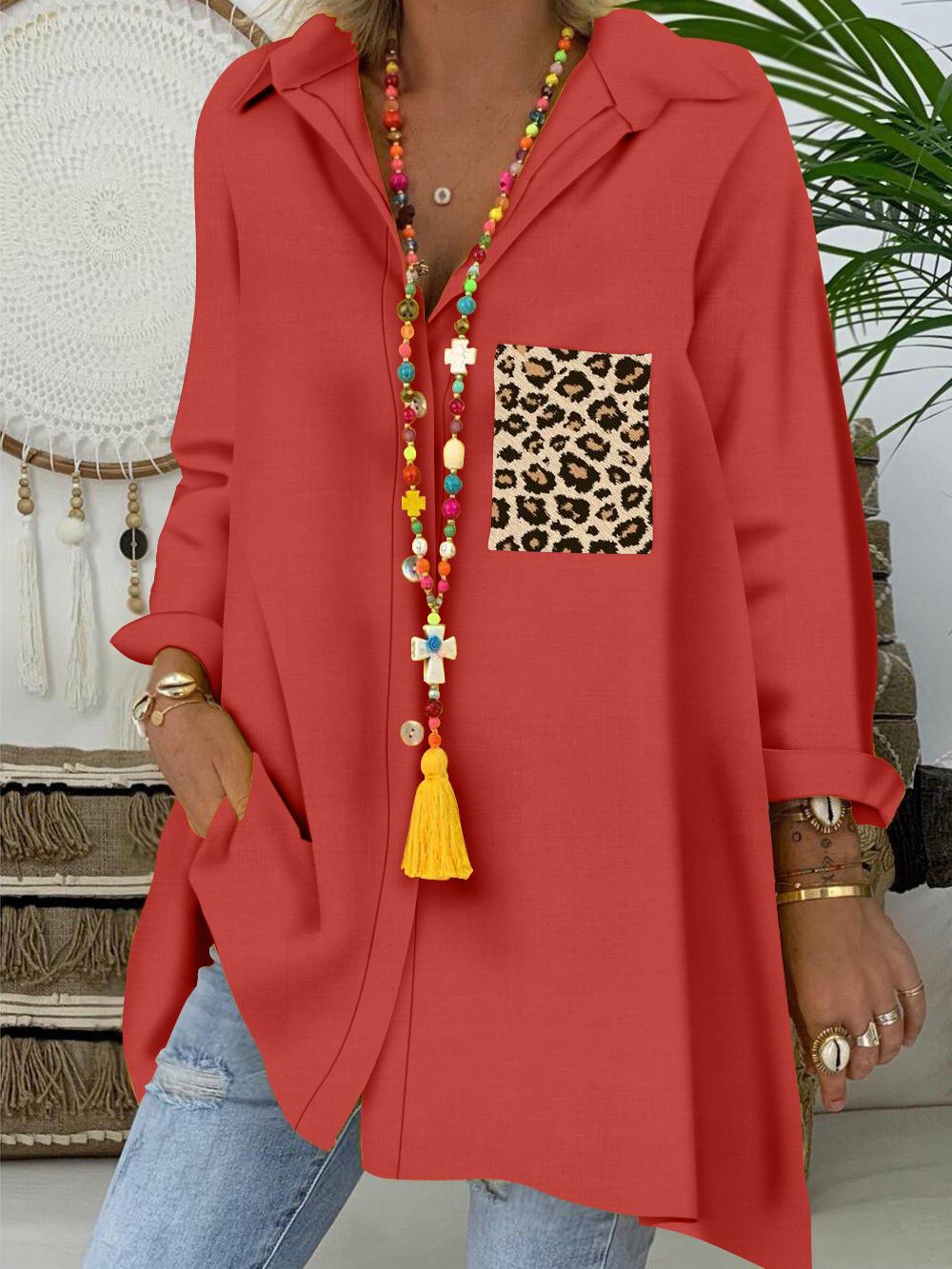 Casual Single-breasted Leopard Print Splicing Shirt