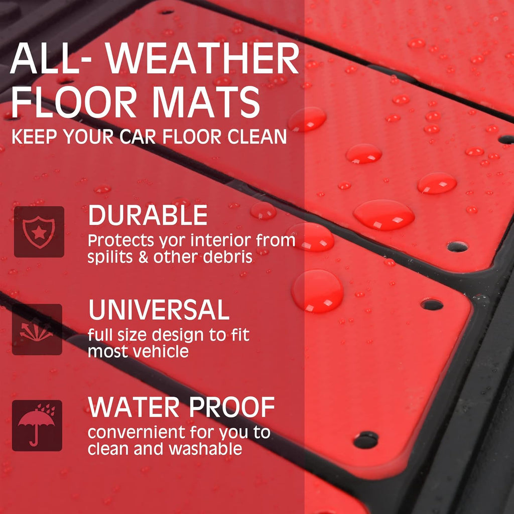 CAR PASS Heavy Duty Rubber Floor Mats 4-Piece Car Mat Set - Universal Waterproof Carbon Fiber Floor Mats for Car SUV Truck, Durable All-Weather Mats(Black and Red)