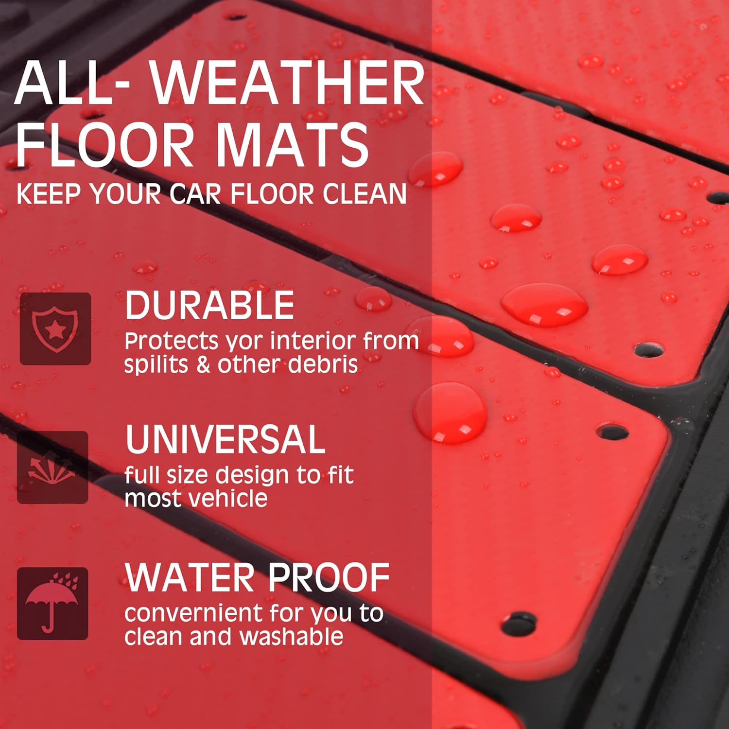 CAR PASS Heavy Duty Rubber Floor Mats 4-Piece Car Mat Set - Universal Waterproof Carbon Fiber Floor Mats for Car SUV Truck, Durable All-Weather Mats(Black and Red)