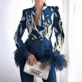 Fashionable Feather Button Design Printed Blazer