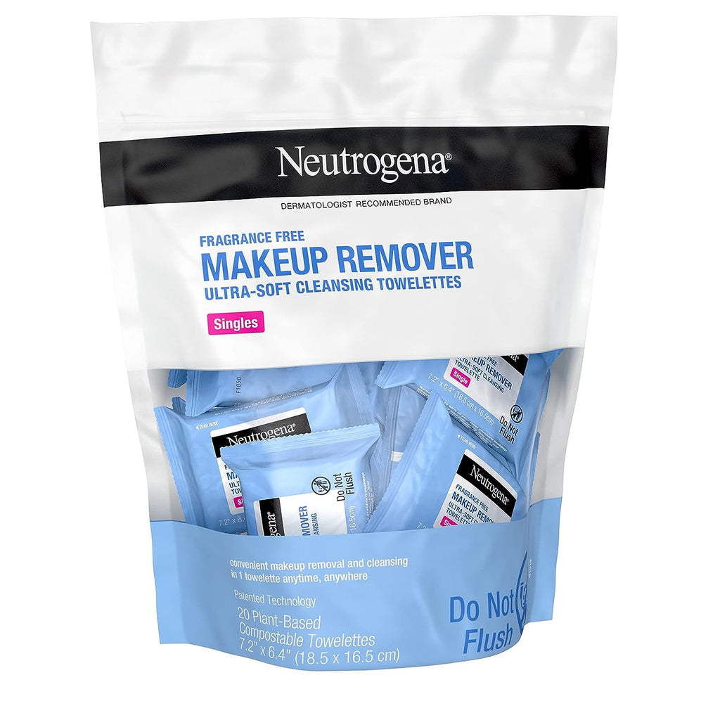 Neutrogena Fragrance-Free Makeup Remover Cleansing Towelette Singles, Individually-Wrapped Daily Face Wipes to Remove Dirt, Oil, Makeup &amp; Waterproof Mascara for Travel &amp; On-the-Go, 20 ct (Pack of 6)