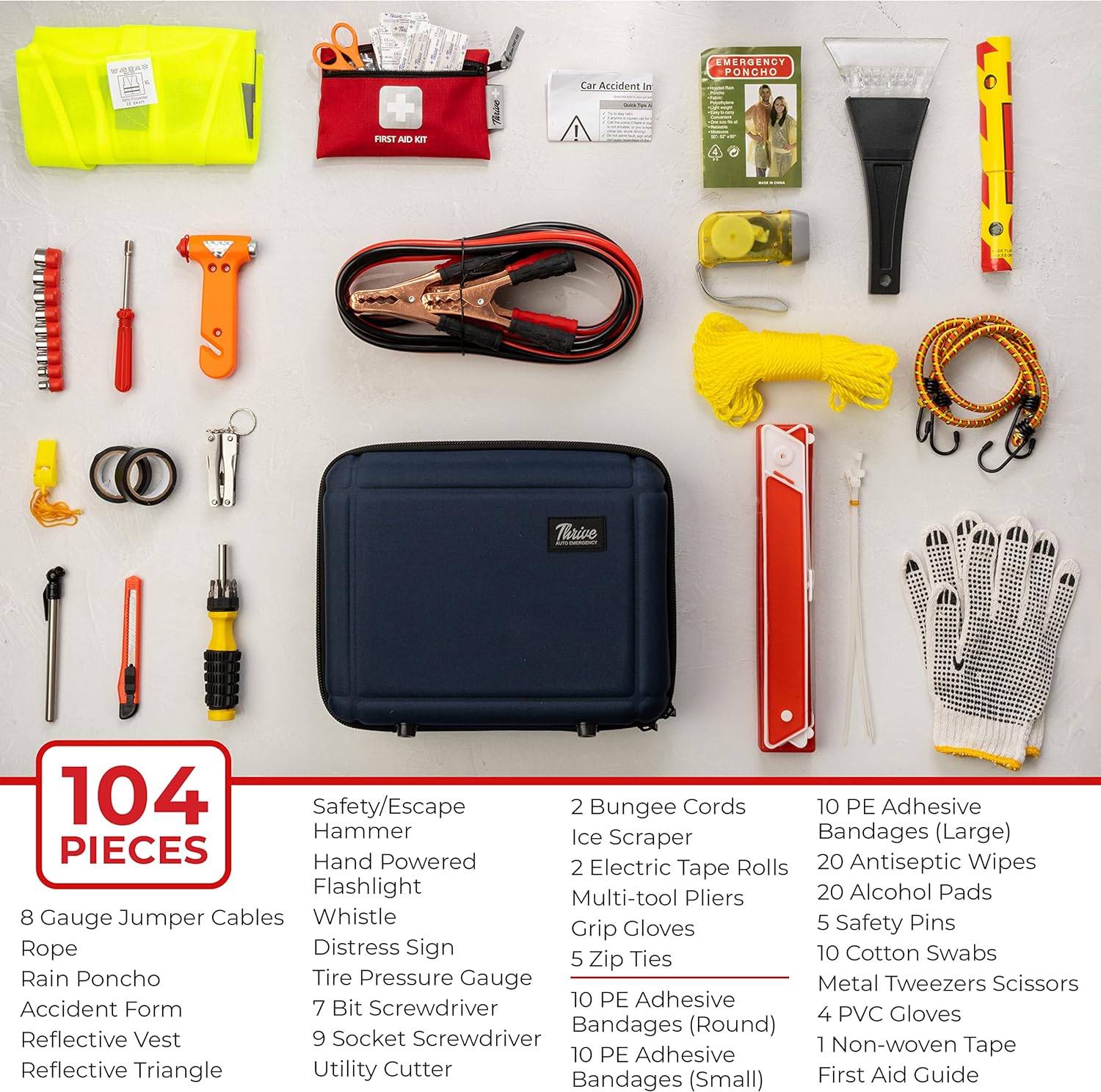 Thrive Roadside Emergency Car Kit - Car Safety Accessories and Tool Kit with Jumper Cables and Mini First Aid Kit - Car Emergency Kit for Women and Men (Navy Shell Case)