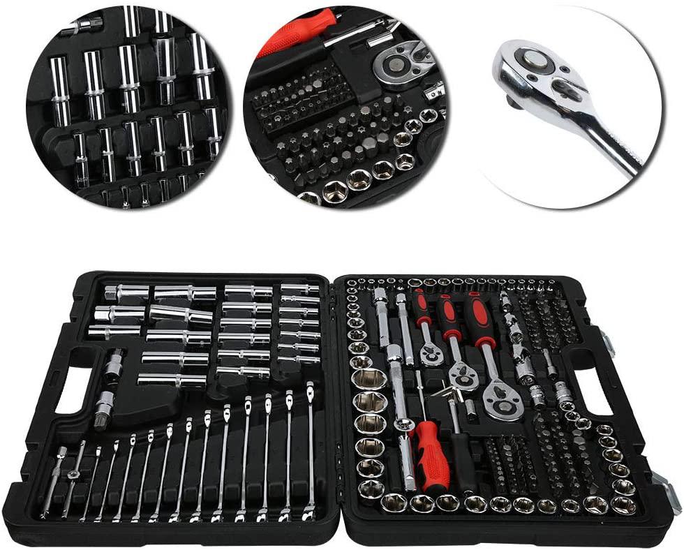215Pcs Ratchet Wrench Socket Set Tool Case Hand Tool Kits Set 1/4in 3/8in 1/2in Box LPD0005‑7
