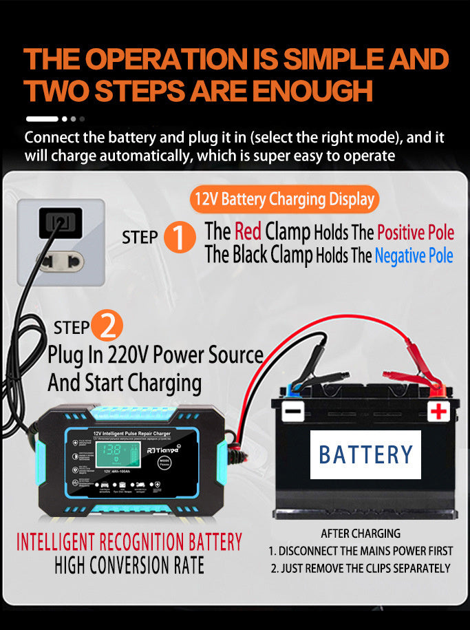 Full Car Motorcycle Battery Charger 12V 6A Auto Pulse Repair LCD Display Smart Fast CharAGM Deep Cycle GEL Lead-Acid Charger