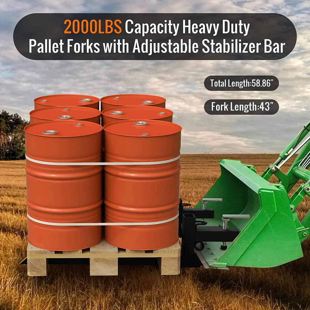 Sulythw Clamp On Pallet Forks, 58.86" Total Length 2000lbs with Adjustable Stabilizer Bar 18” to 34” W Heavy Duty Pallet Forks for Tractor Loader Bucket or Skid Steer Kubota Tractor