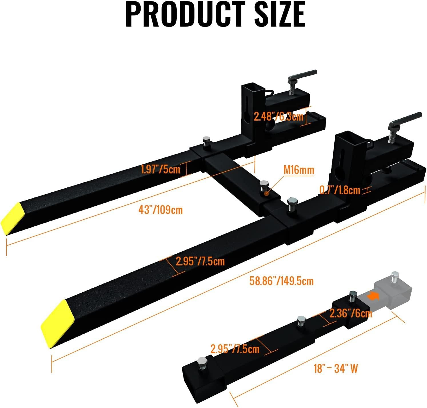 Sulythw Clamp On Pallet Forks, 58.86" Total Length 2000lbs with Adjustable Stabilizer Bar 18” to 34” W Heavy Duty Pallet Forks for Tractor Loader Bucket or Skid Steer Kubota Tractor