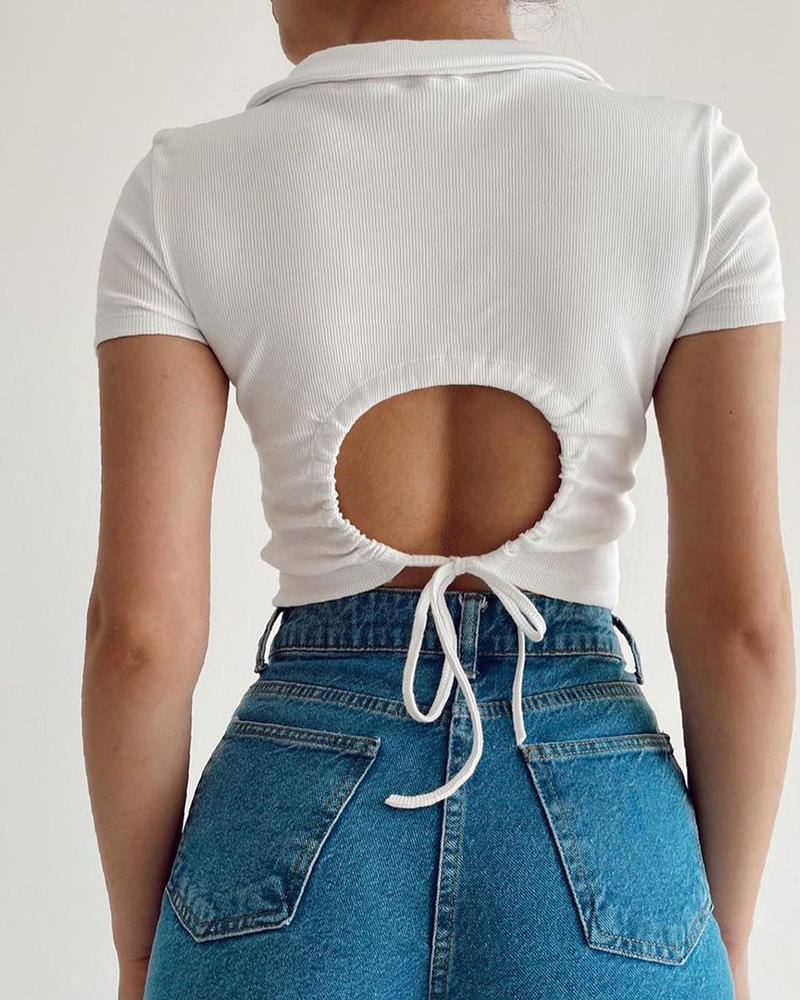Plain Drawstring Cutout Short Sleeve T-shirt