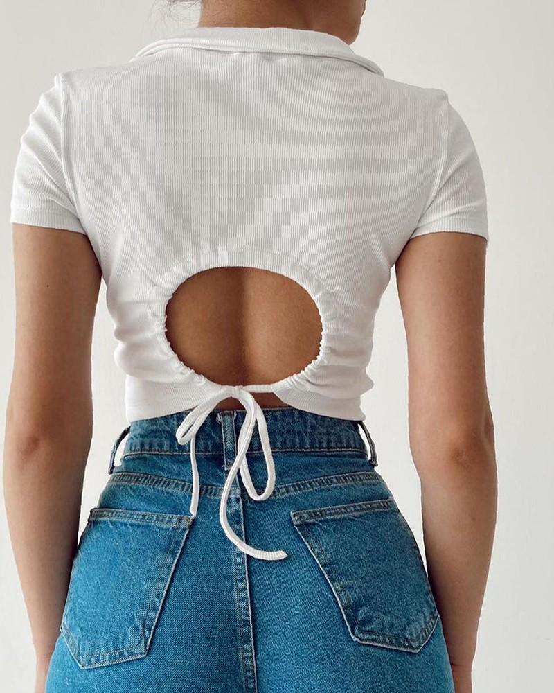 Plain Drawstring Cutout Short Sleeve T-shirt