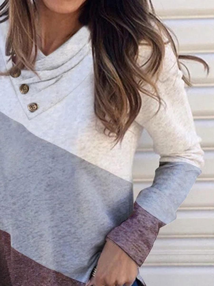Fashion Color Matching Print Pile Collar Long Sleeve Casual T-shirt