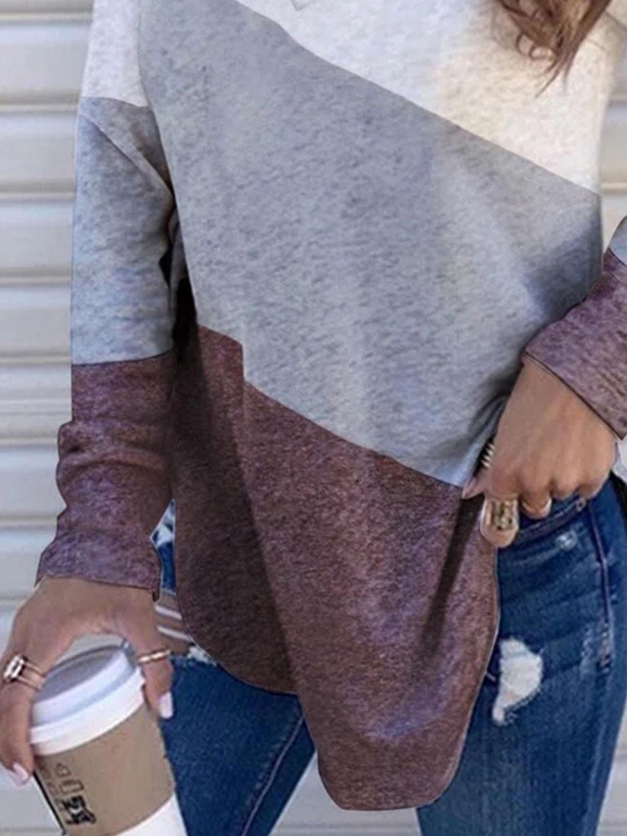 Fashion Color Matching Print Pile Collar Long Sleeve Casual T-shirt