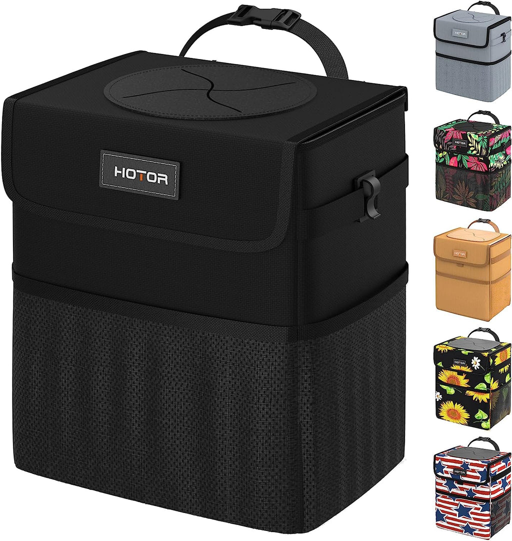 HOTOR Car Trash Can-2-Gallon, Foldable and Waterproof Car Accessory for Interior, Leakproof Car Organizer and Storage Bag, Multipurpose Bin with Adjustable Straps and Multiple Pockets (Black)