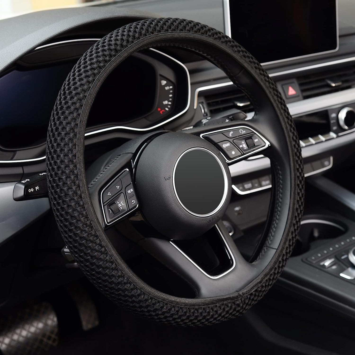 KAFEEK Elastic Stretch Steering Wheel Cover,Warm in Winter and Cool in Summer, Universal 15 inch, Microfiber Breathable Ice Silk, Anti-Slip, Odorless, Easy Carry,Black