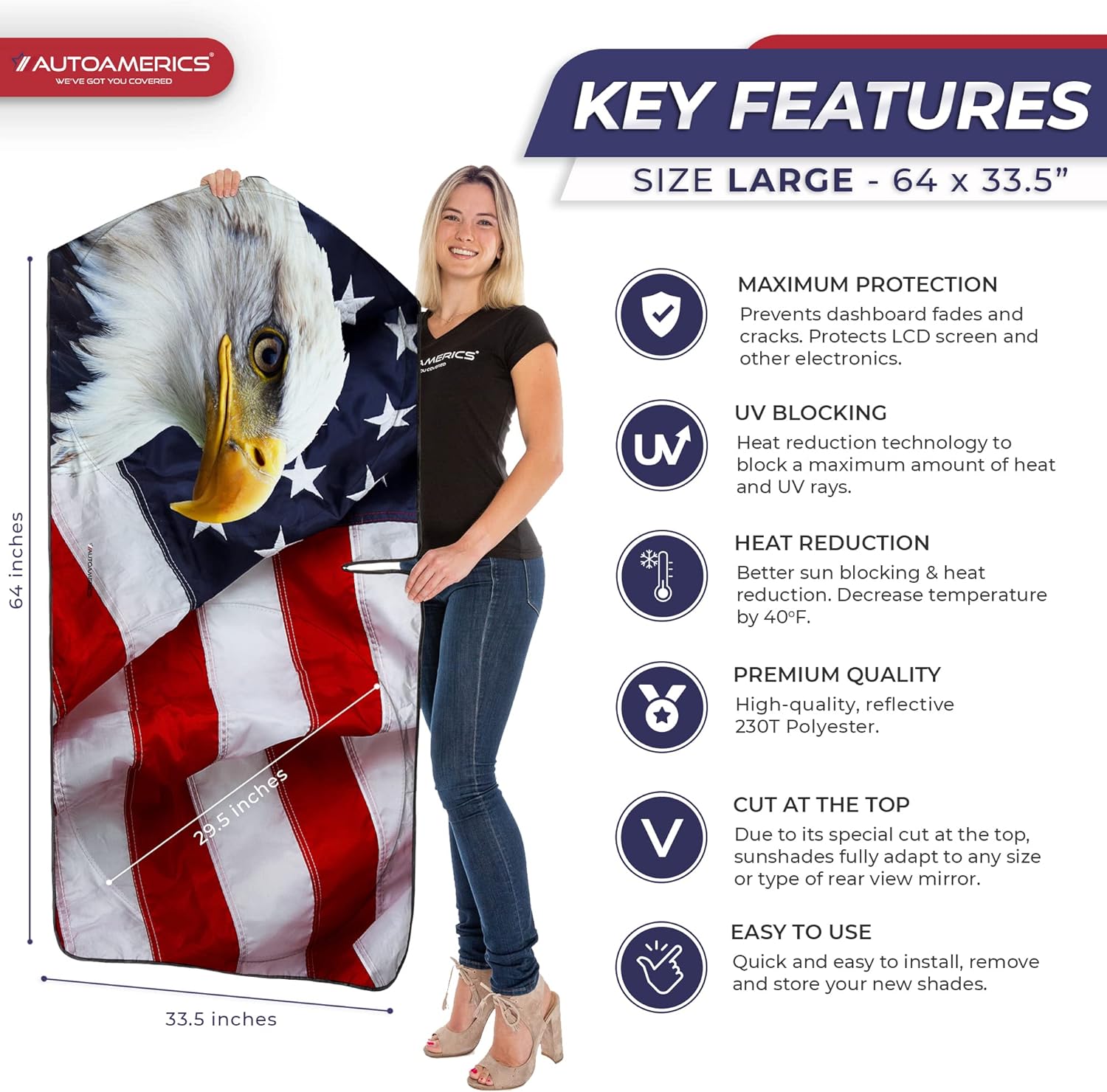 Autoamerics 1-Piece Windshield Sun Shade American Eagle Flag - 3 USA Patriotic  - Foldable Car Front Window Sunshade for Sedans SUV Truck - Blocks Max UV Rays and Keeps Your Vehicle Cool - Large