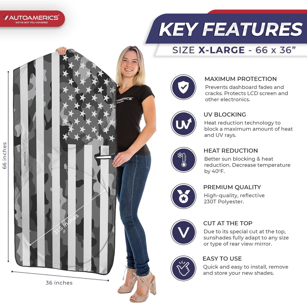 Autoamerics 1-Piece Windshield Sun Shade Gray Camo American Flag USA  - Foldable Car Front Window Sunshade for Most Sedans SUV Truck - Blocks Max UV Rays and Keeps Your Vehicle Cool - X-Large